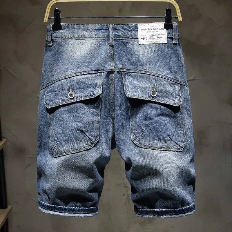 New Arrival Multi-Pocket Overalls Denim Shorts Men's Fashion Brand Loose Straight Shorts Men's Summer Thin Ripped Pants