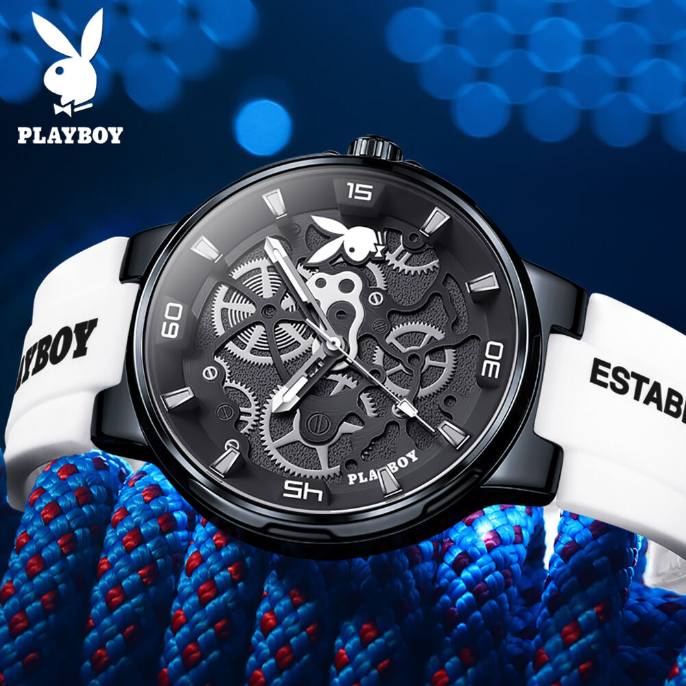 PLAYBOY Watch For Men Original Waterproof 2023New Watch Luminous White+Black Silicone strap Fashion Mens Watch Quartz