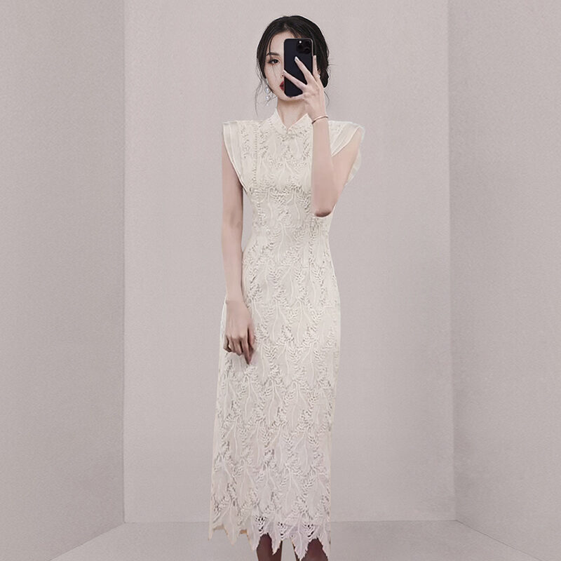 New Chinese Style Chinese Style Graceful Improved Cheongsam Waist Slim Looking off-the-Shoulder Gown Sleeveless White Lace Dress for Women