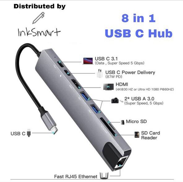 USB C Hub 8 In 1 Type C 3.1 To 4K HDMI Adapter with RJ45 SD/TF Card Reader PD Fast Charge