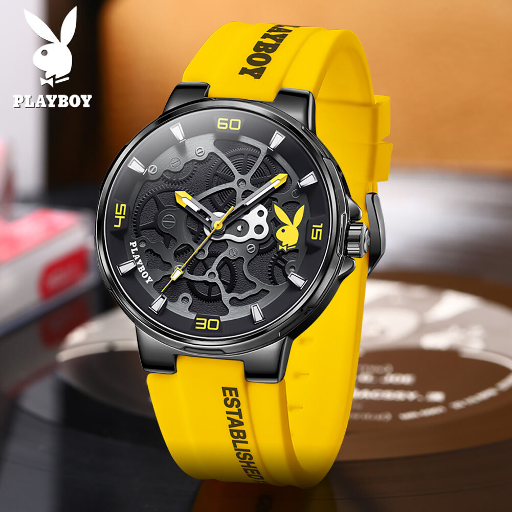 PLAYBOY 2023 New Watch For Men Original Waterproof Quartz Watch Luminous Yellow Silicone strap Fashion Mens Watch