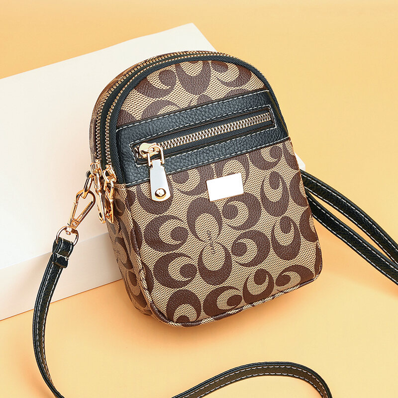 2022 New Soft Leather Printed Square Sling Bag Macaron Zipper Mobile Phone Bag Fashion Trendy Shoulder Bag All-Match Messenger Bag