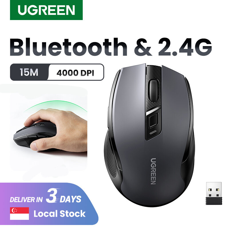 UGREEN Wireless Mouse, 6 Silent Buttons, Bluetooth 5.0 and 2.4G Wireless with USB Mini Receiver, 5 Level DPI Setting 4000DPI, Ambidextrous PC / Mac /Linux Laptop
