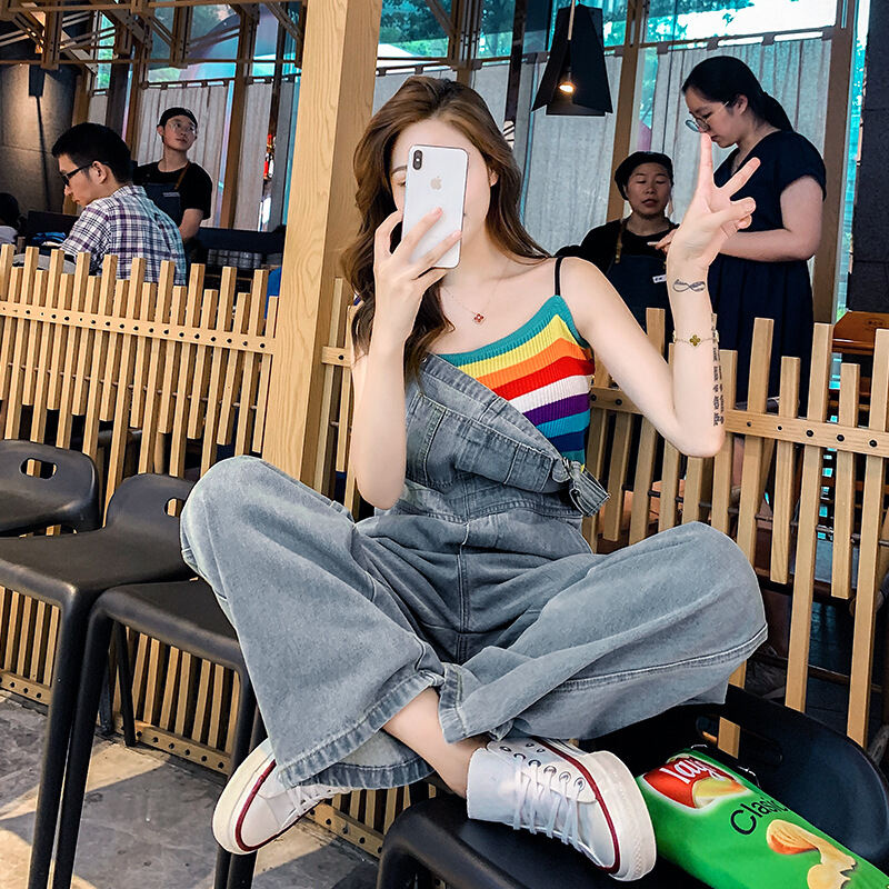 Denim Suspender Pants Women's Korean Style Loose 2023 New Summer Age-Reducing Straight Wide-Leg Pants High Waist Drooping Jeans