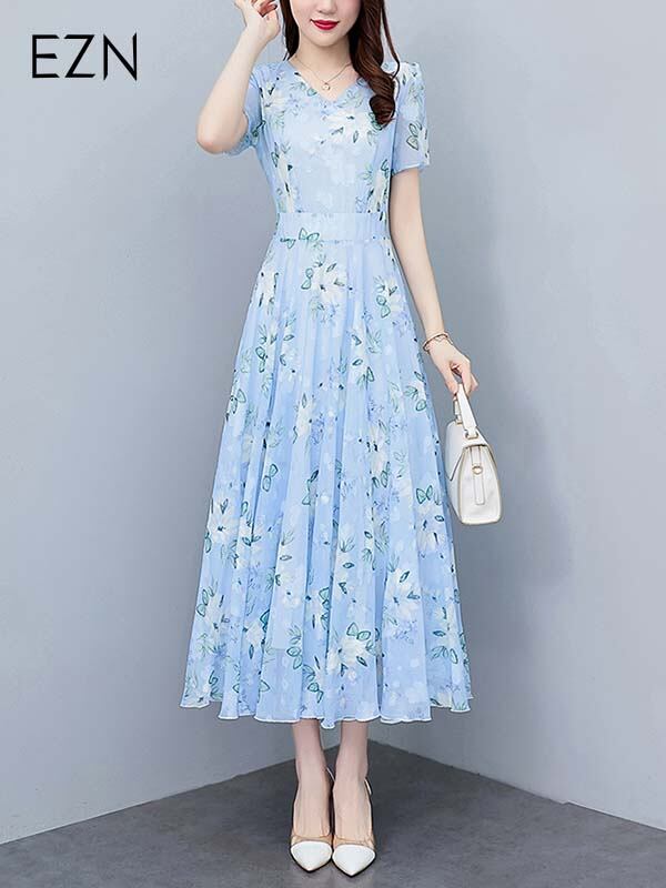 EZN Chiffon Women Dress Dinner Party Plus Size Elegant Floral Long Dresses 7137