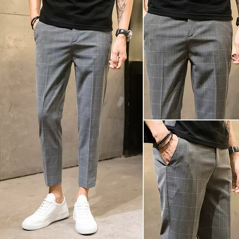 [Ready Stock] Checkered Pants Men Korean Slim Fit Pants Comfortable Office Cropped Trousers Kurta