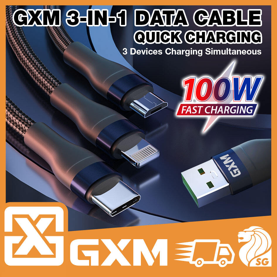 GXM 100W 3 in 1 Fast Charge Charging Data Cable  For iPhone 14 13 12 Pro Max Lightning USB Type C to Type C MicroUSB Data Transfer Samsung Huawei OPPO VIVO Xiaomi Charger Cable 1.2m Black