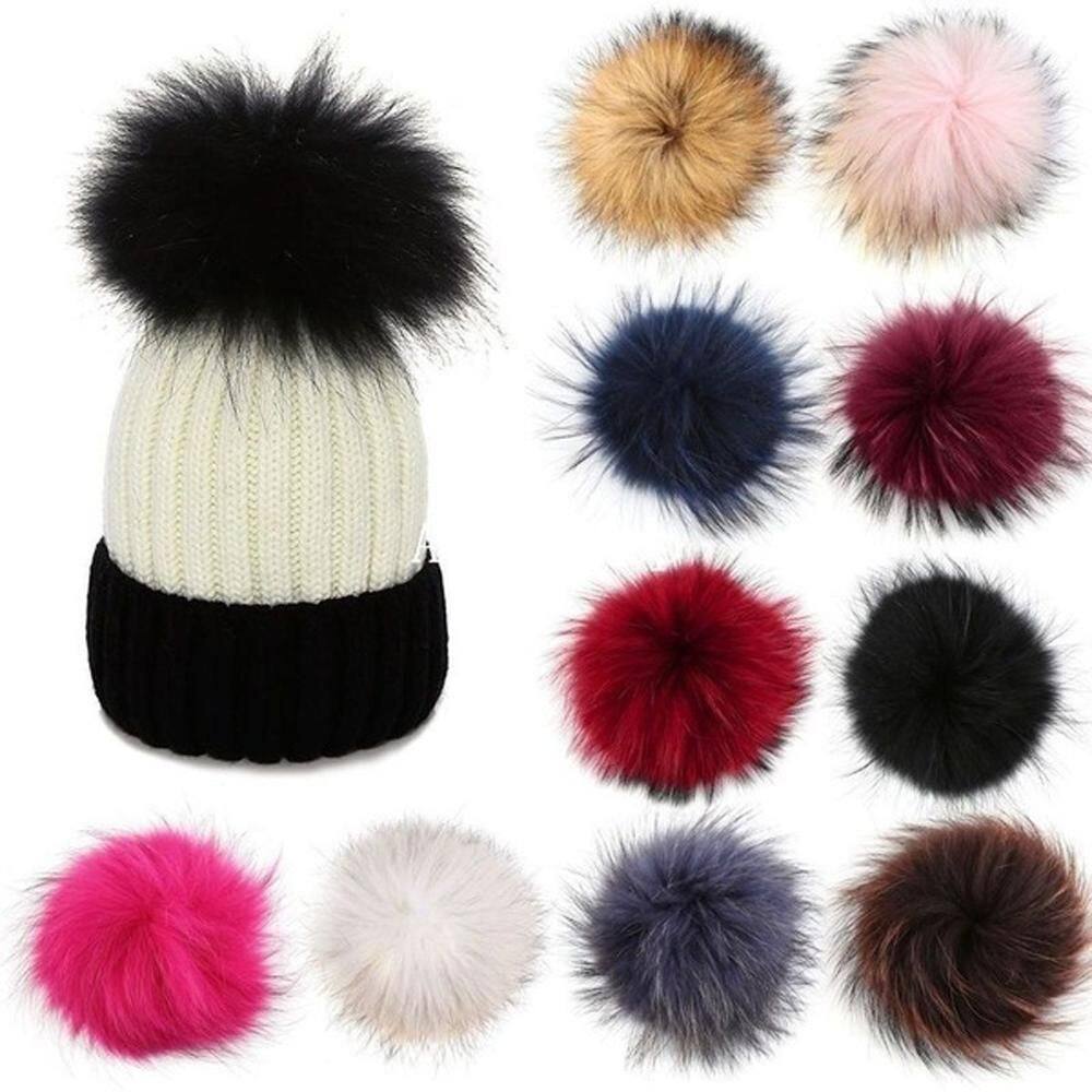 QRWKWF 12cm Buckle Faux Fox Fur Women's Fashion Knitted Cap Hats Decor Hairball Pompom Ball Bags Accessories