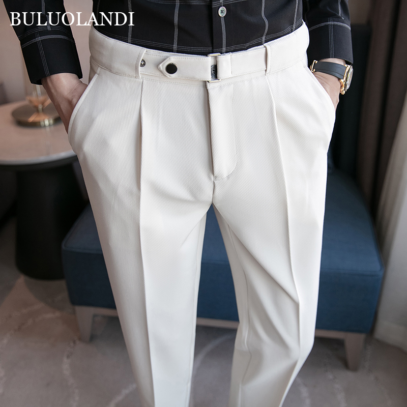 BULUOLANDI Suit Pants Men Fashion Button Design Business Dress Pants Men Slim Suits Pants Office Social Trousers