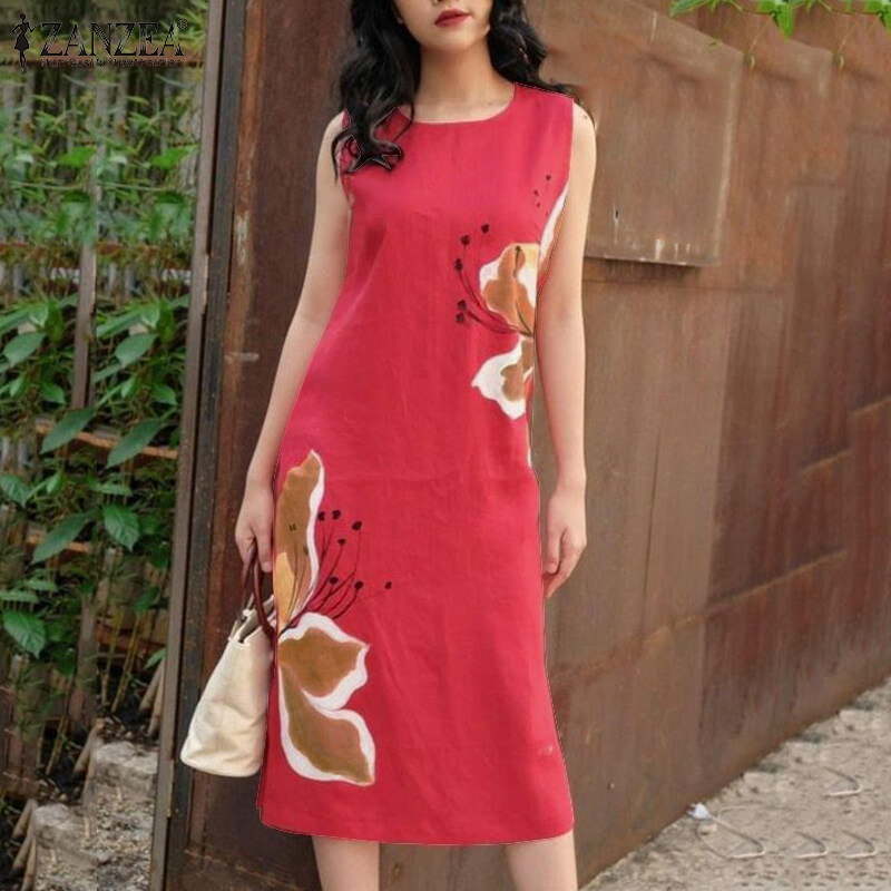 MOMONACO ZANZEA Korean Style Women's Elegant Round Neck Sleeveless Dress Back Button Printed Tank Dress #11