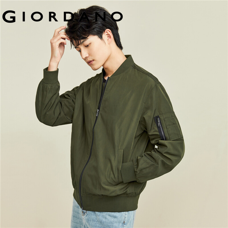 GIORDANO Men Bomber Jackets Zip Front Stand Collar Solid Color Bomber Jackets Ribbed Cuffs Multi-Pocket Casual Jackets 01071086