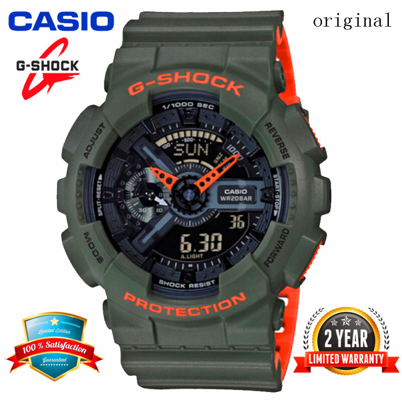(HOT SALE) Original G SH0CK GA110 Men Sport Watch Dual Time Display 200M Water Resistant Shockproof and Waterproof World Time LED Auto Light Sports Wrist Watches with 2 Year Warranty GA-110LN-3A Green