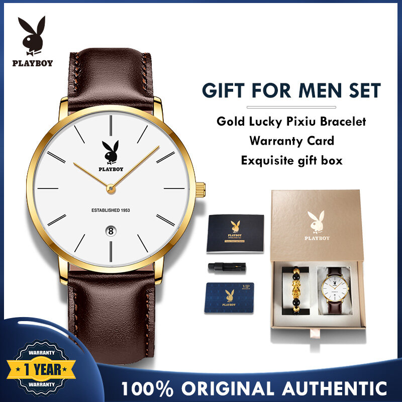 PLAYBOY top watch for men set original 2022 waterproof Japan imported quartz movement genuine leather strap gift for men set with box bracelet