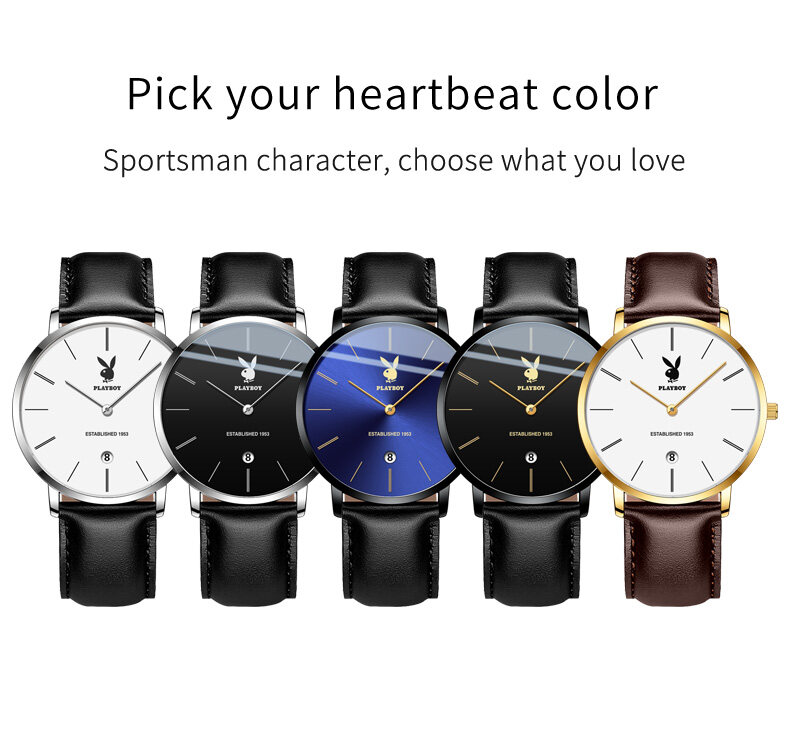 Imported original PLAYBOY men's watch, genuine leather strap,two-hand calendar quartz casual watch