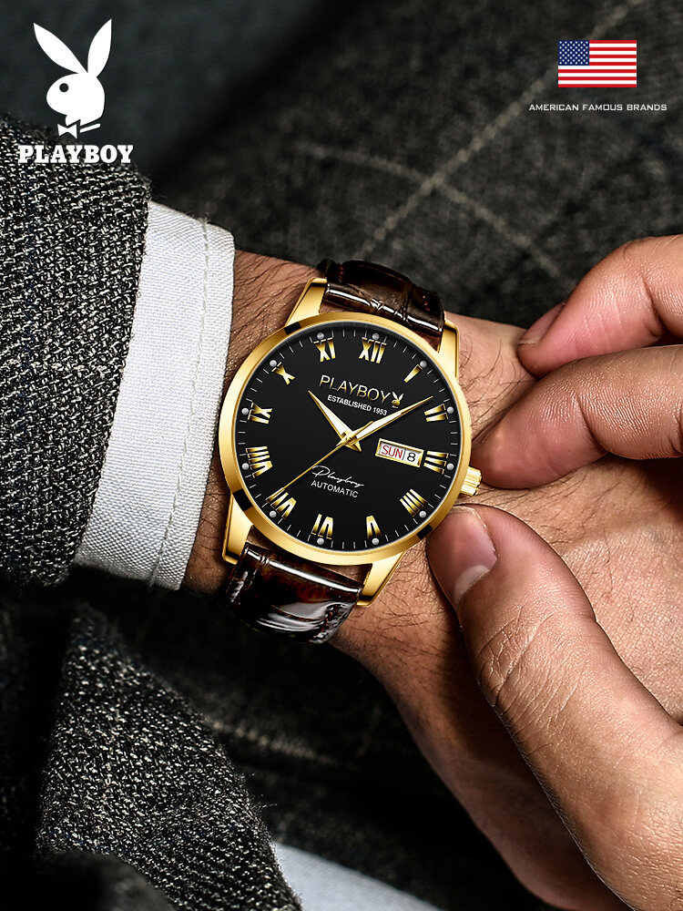 PLAYBOY Gentleman Watch For Men Automatic Mechanical American Brand Swiss Certified Movement Fashion Leather Strap Waterproof Dual Calendar Display