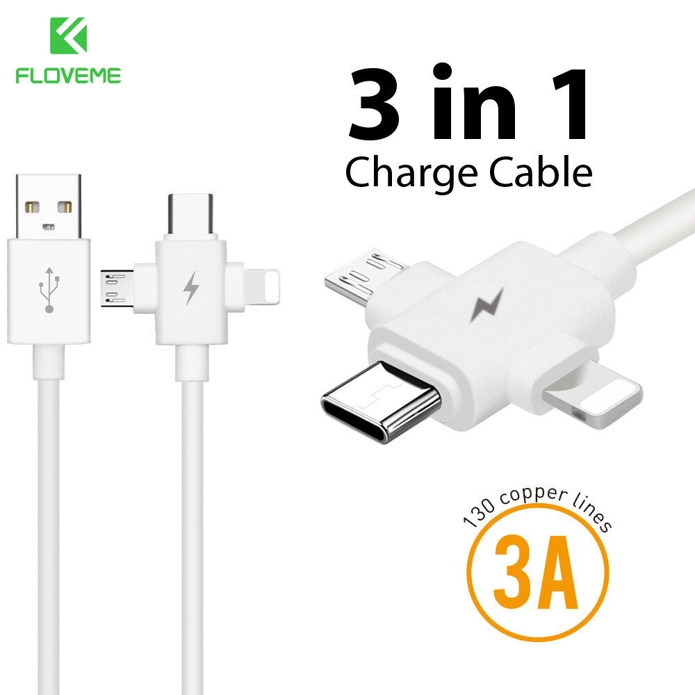 Floveme 3 In 1 USB Cable For iPhone 12 Charging Charger Micro USB Type C Lightning Charging Cable For Samsung Xiaomi