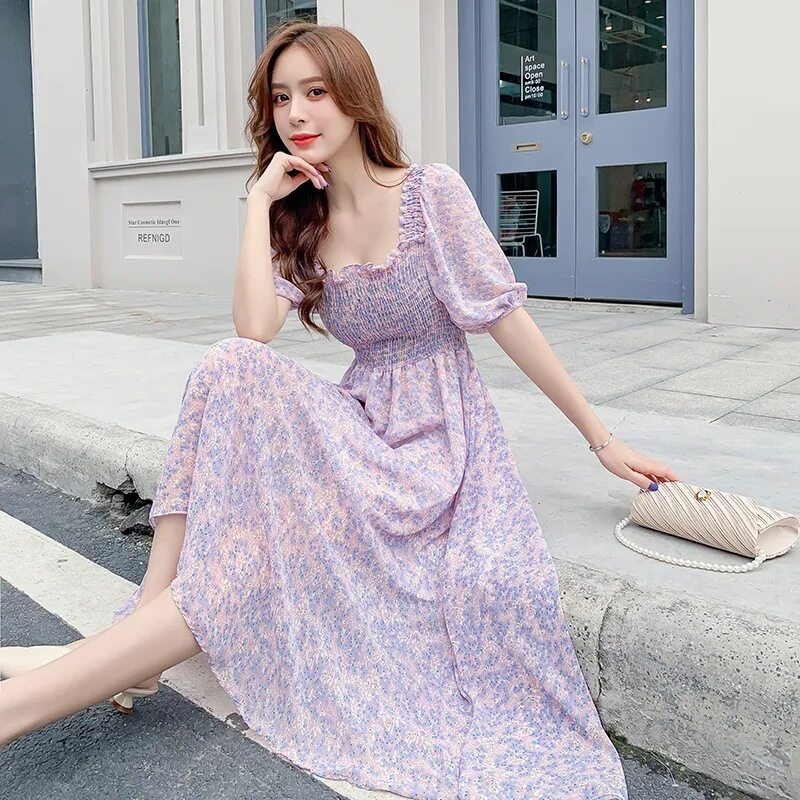 Floral Chiffon Dress Popular Summer Women Clothing British Style High Waist Slim Square Neck Short-sleeved Long Skirt