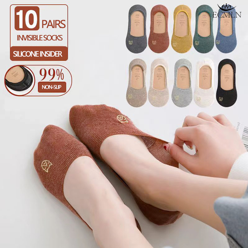 ECMLN 10 Pairs/pack  Invisible Low Cut Non Slip Boat Socks for Women Summer Thin Embroidery Crew Socks