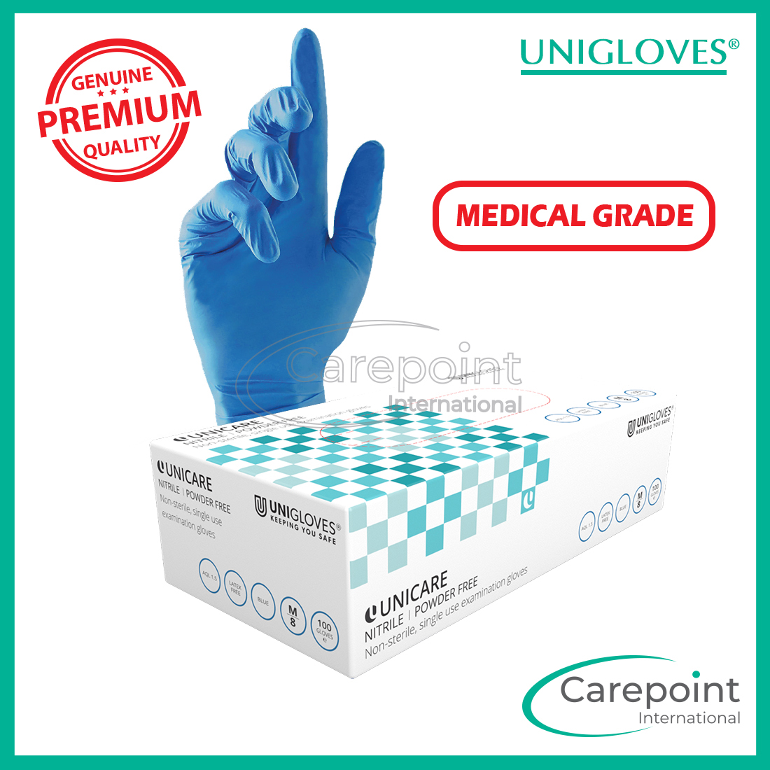 Unigloves Unicare Nitrile Powder Free Examination Gloves [Medical Grade] - 100pcs/box