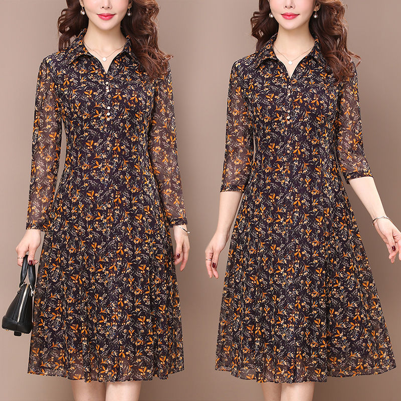 Dress Women Floral Print Elegant Turndown Collar Summer Female Clothing Slim All-match Casual Button Midi Dress Robe
