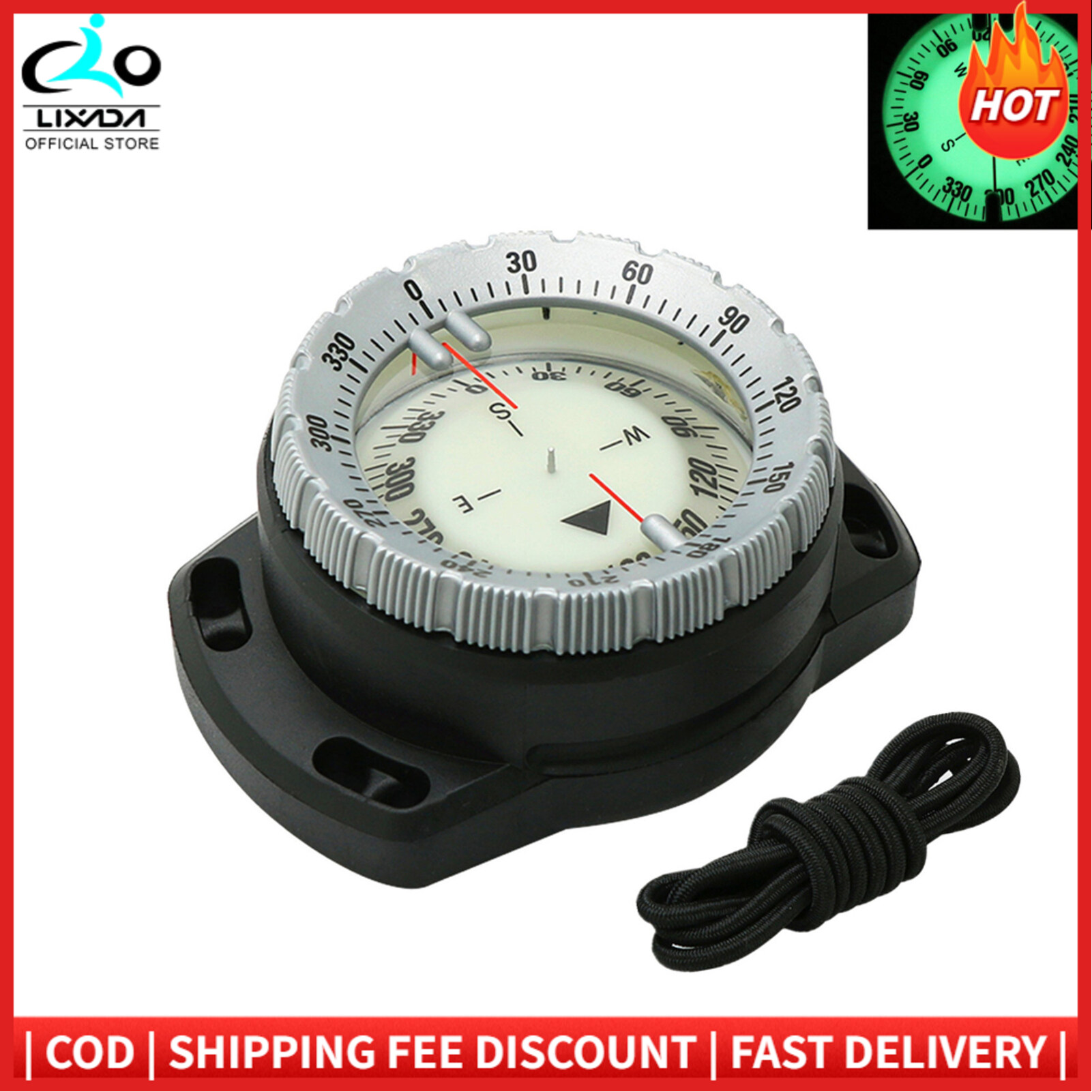 LIXADA 50M Underwater Diving Compass Luminous Dive Wrist Compass Waterproof Navigation Tool with Elastic Rope for Diving Camping and Other Outdoor Activity