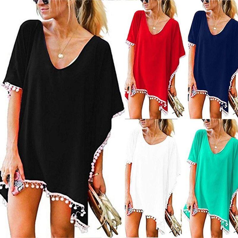 Pick Me Up ShopWomen's Fashion Chiffon Tassel Swimsuit Bikini Stylish Beach Cover Up Swim Suit Cover Up Tassels Smock Pure Color Shirt Beach Coverup Sexy Swim Cover Up( Free Size )