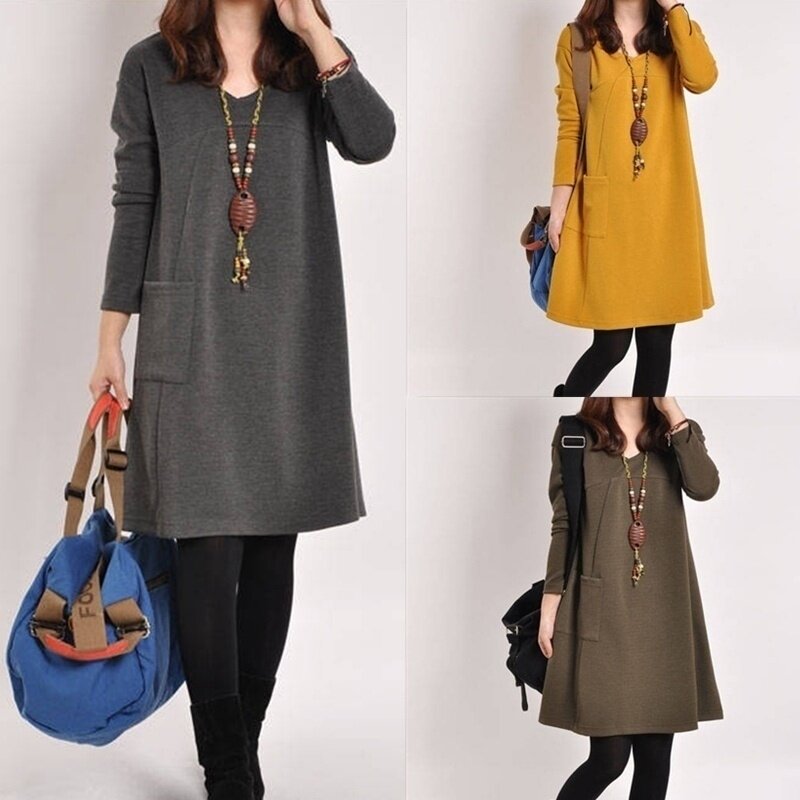 Woodrowo I.j Shop Women Autumn Long Sleeve Pocket Loose Maternity Swing Dress Casual Cotton V-neck Pregnancy Dress