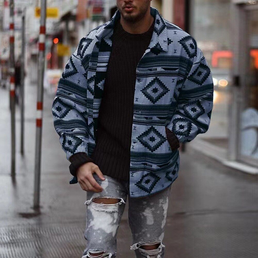 Button Men Coat Cardigan Long Sleeve Outwear Parka Turn-Down Collar Winter