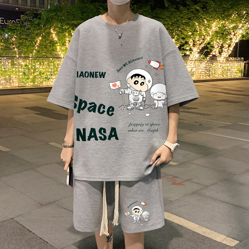 2PCS Suits for Men Cotton Plus Size T Shirt for Men Cartoon Waffle Loose Casual Short-sleeved Sports Suit