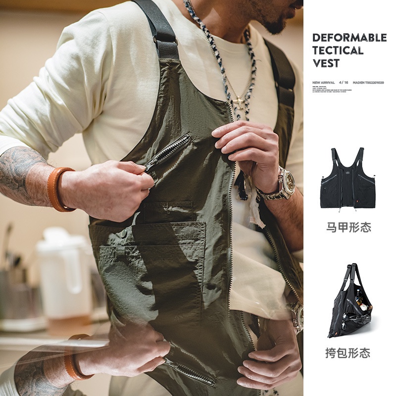Maden workwear Japanese Vintage Multi-Pocket Sleeveless Nylon Vest Outdoor Functional Dual-Use Shoulder Bag Jacket Men