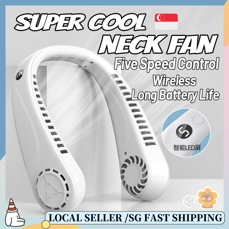 ?SG READY STOCK 2023 New Style Hanging Neck Fan USB Portable LED Digital Display Leafless Outdoor Sports Lazy Foldable Small