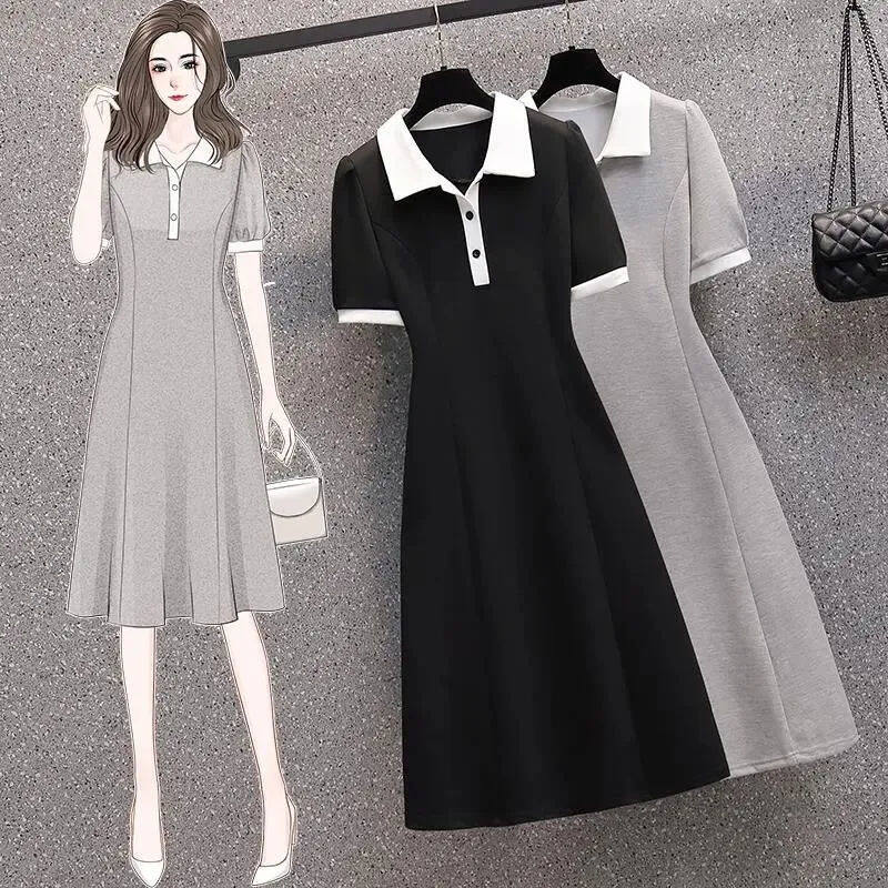 Polo Collar Dress New Fashion Versatile Slimming Leisure Anti-Aging Knot Tight Waist A- line Dress