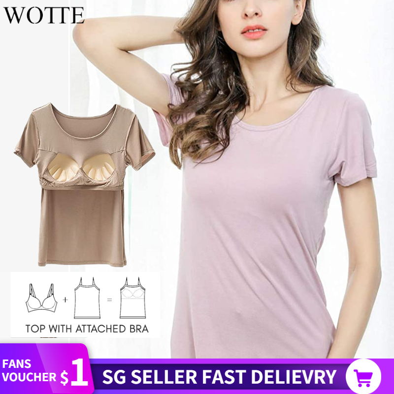 WOTTE Women's Modal Built-in Bra Padded Camisole Short Sleeves Pajama Casual Tops T-Shirt