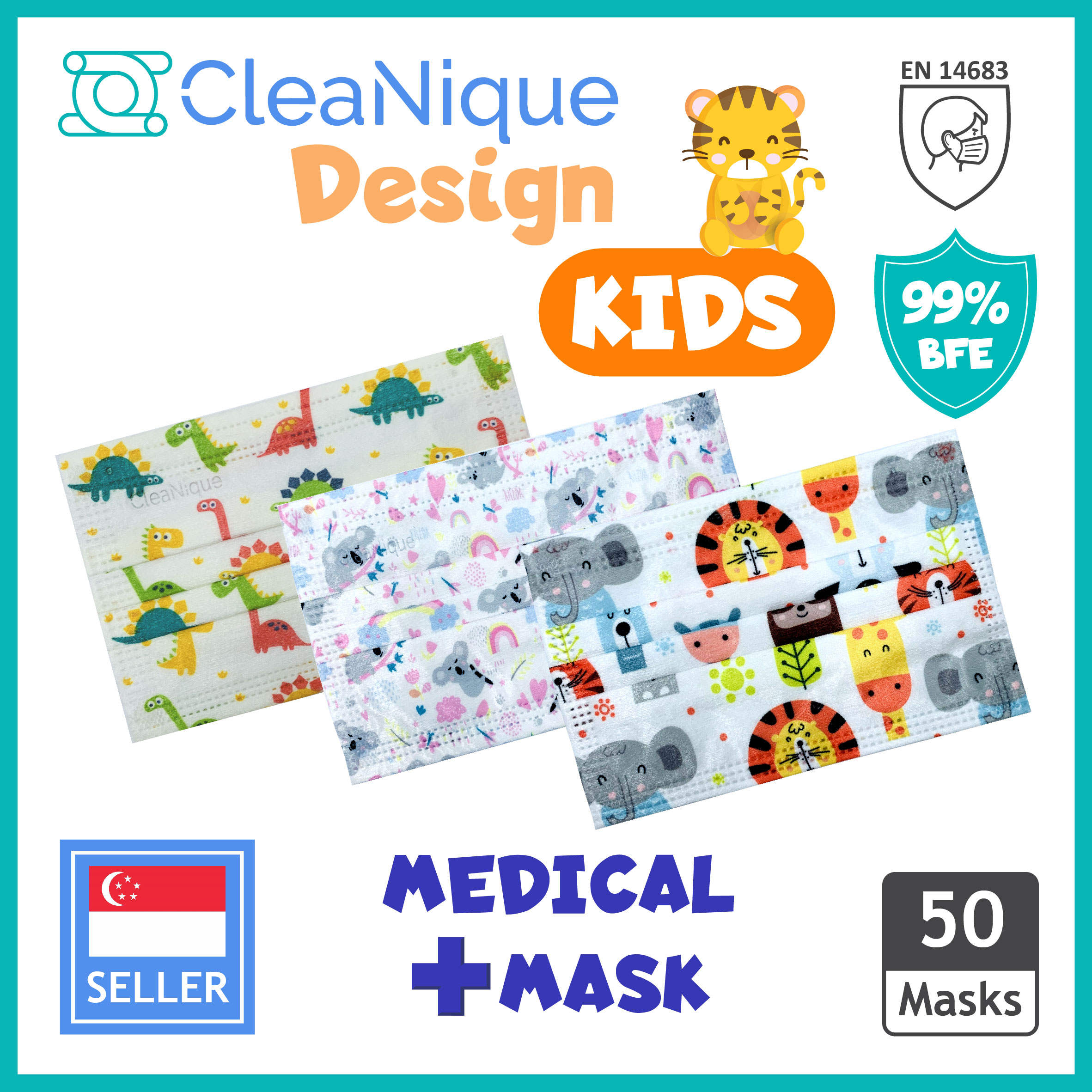 CleaNique 3-Ply * Design Kids * Medical Face Mask EN 14683 SGS BFE 99% Flat Ear Loop 50 Pcs