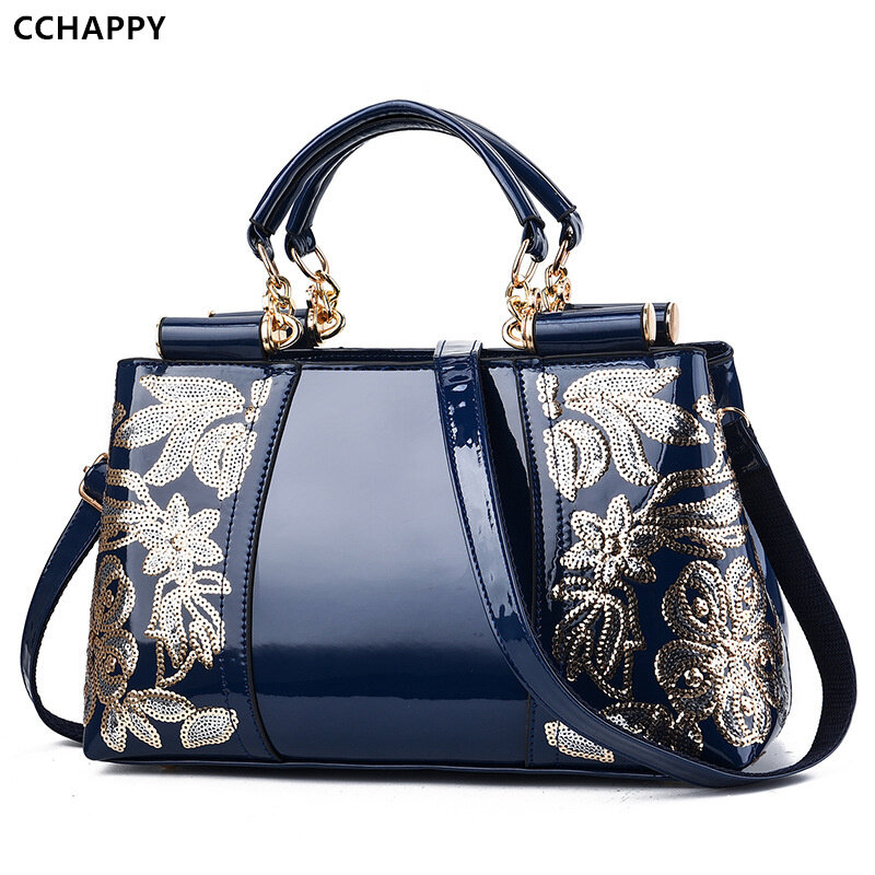 CCHAPPY Embroidery Women Patent Leather Tote Handle Bag Lady Wedding Shoulder Bag