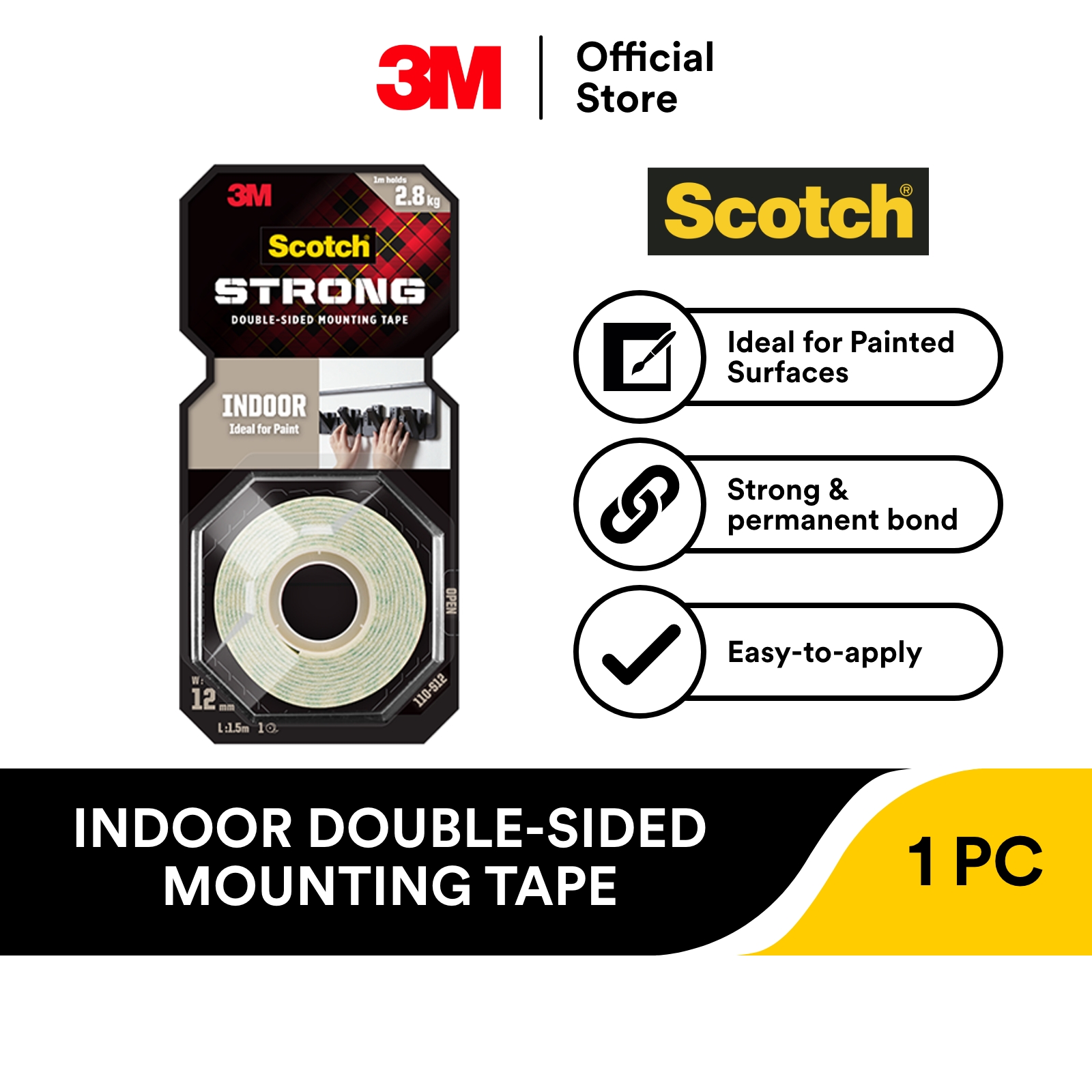3M Scotch® Indoor Double-Sided Mounting Tape 110-S12, 12 mm x 1.5 m / 110-M12, 12 mm x 4 m