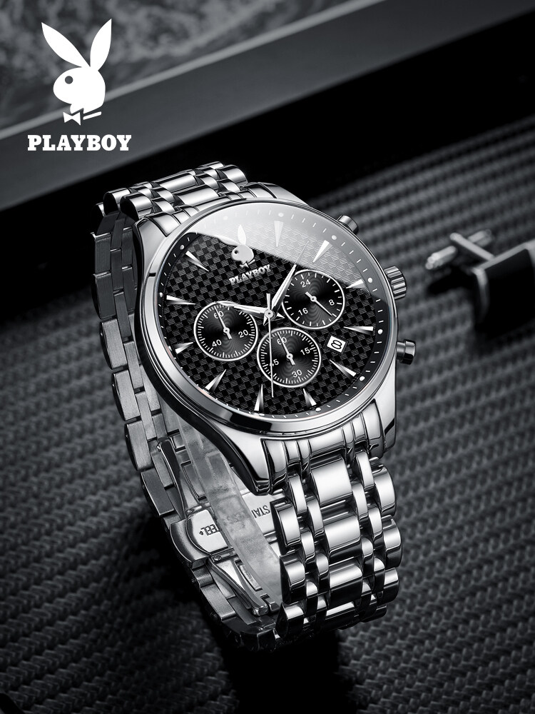 PLAYBOY Genuine Men Watches Business Luxury Stainless Steel Strap Multifunctional Luminous Calendar Chronograph Waterproof