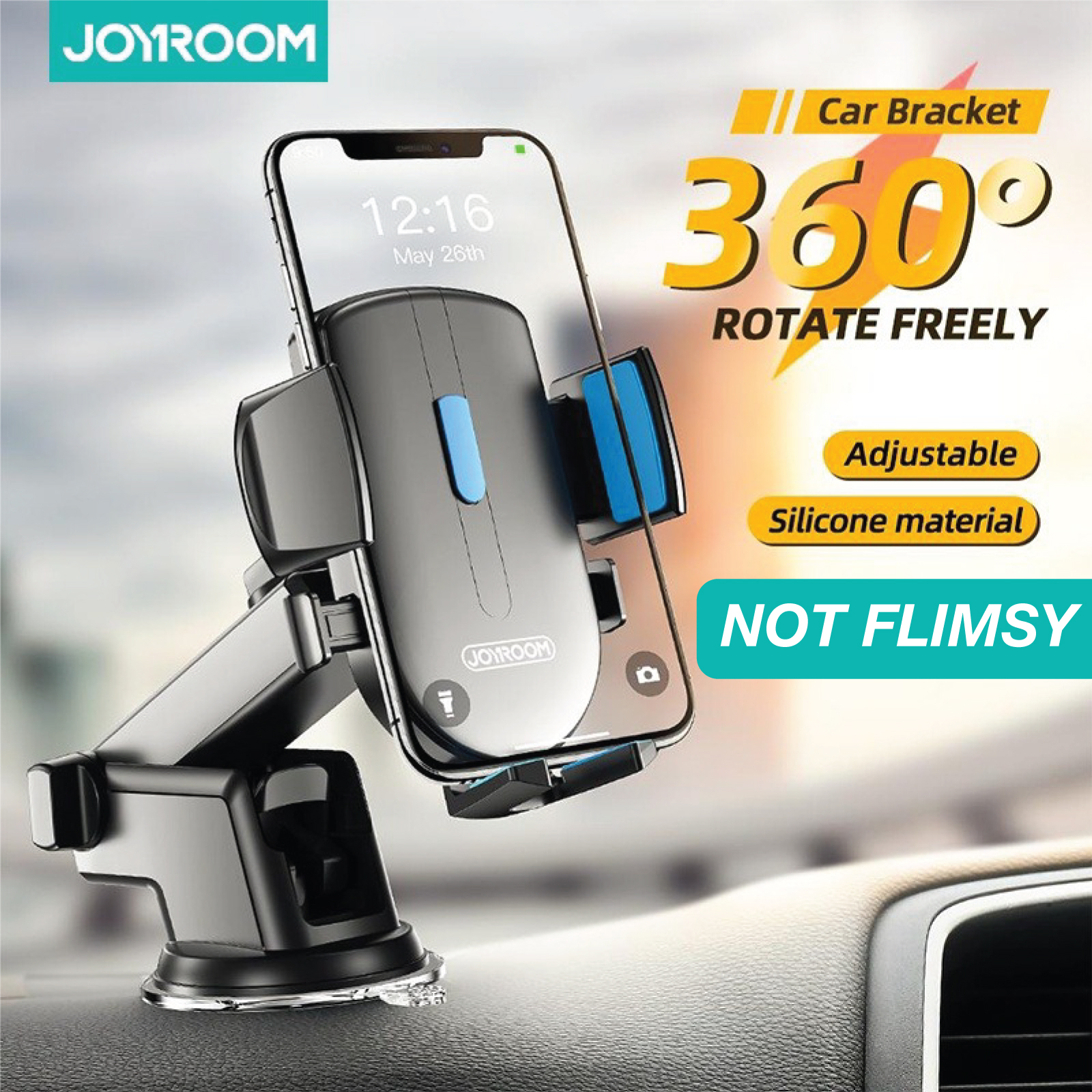 (SG) Joyroom 360° Car Phone Holder for Dashboard/Windscreen/Curved Dashboard - Adjustable Bracket mount with Suction Cup