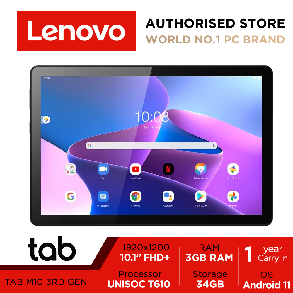 Lenovo Tab M10 (3rd Gen) | ZAAF0041SG | 10.1" FHD+ (1920x1200) IPS 320nits | Unisoc T610 | Integrated ARM Mali-G52 | 3GB RAM | 32GB eMMC | 4G LTE | Android 11 or Later | 1-year Carry-in with 1-year Ba