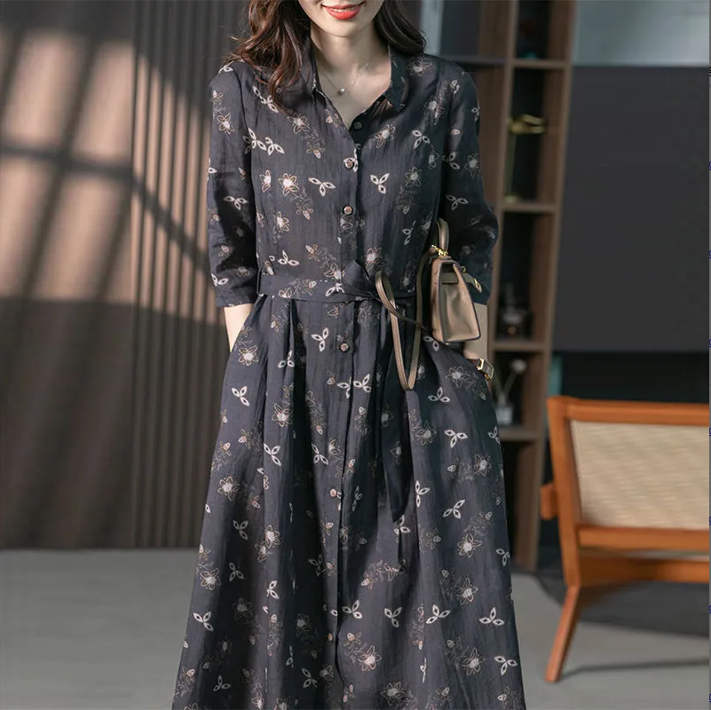CottonDesign Dresses for Women New Summer Women's Dress Fashion Printing LOOSE Casual Lace Up Lapel Elegant Vintage Long Shirt Dress Oversized 3BD0322