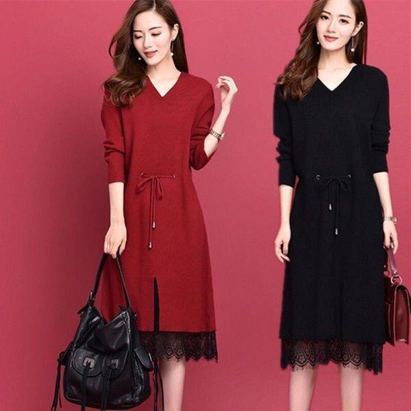 Dresses for Women Autumn New Korean V-neck Knitted Bottoming Dress Loose Plus Size Lace Skirt Tide