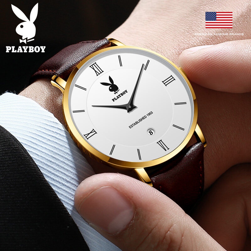 American Brand Playboy New Fashion Icon Wrist Watch for Men Original Waterproof Leather Strap Imported Movement European And American Style Simple Dial