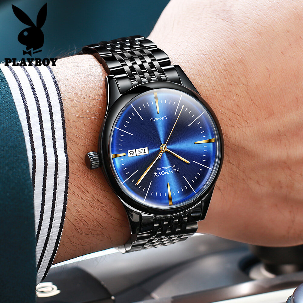 PLAYBOY Original Automatic Mechanical Watch For Men Personalized Simple  Stainless Steel Watch Waterproof Fashion Business Date Display