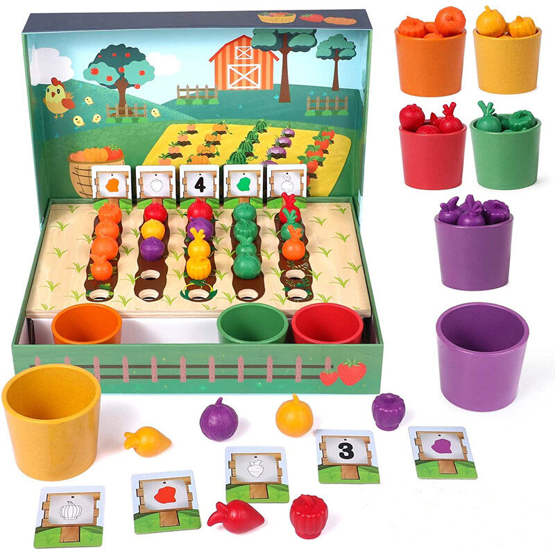 Moulty Farm Counting Fruits Vegetables Matching Sorting Cups Toddlers Educational Learning Color Sorting Set Pretend Play Food Wooden Montessori Toys for Kids Gift