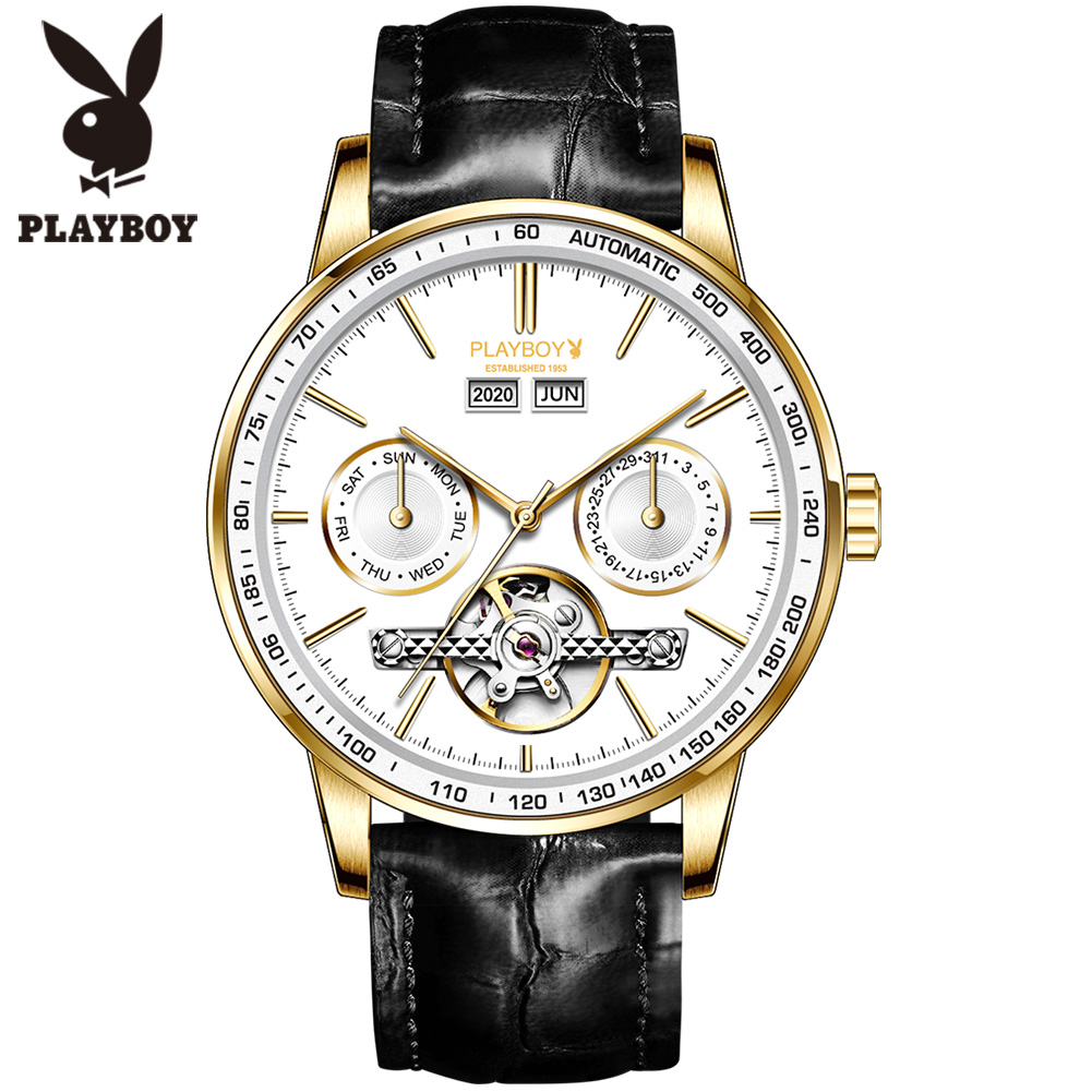 PLAYBOY Watches For Men Automatic Mechanical Luxury Brand Original Fashion Sports Calendar Multi-Function 50 Meters Waterproof