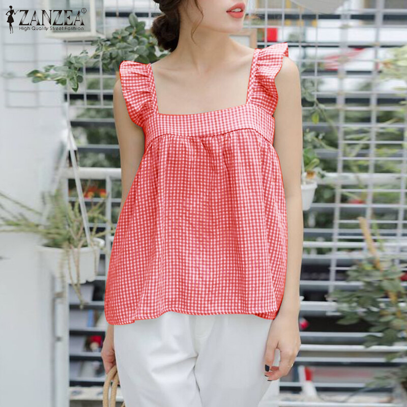 Celmia ZANZEA Women Summer Sleeveless Tops Check Plaid Shirt Casual Loose A Line Blouse #10