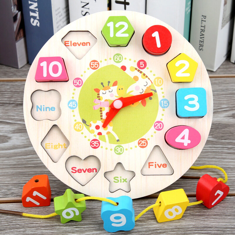 Kids Wooden Puzzle Clock Toy Montessori Toys Educational Beaded Shape Matching Game Clock Color Number Learning Toy for Children