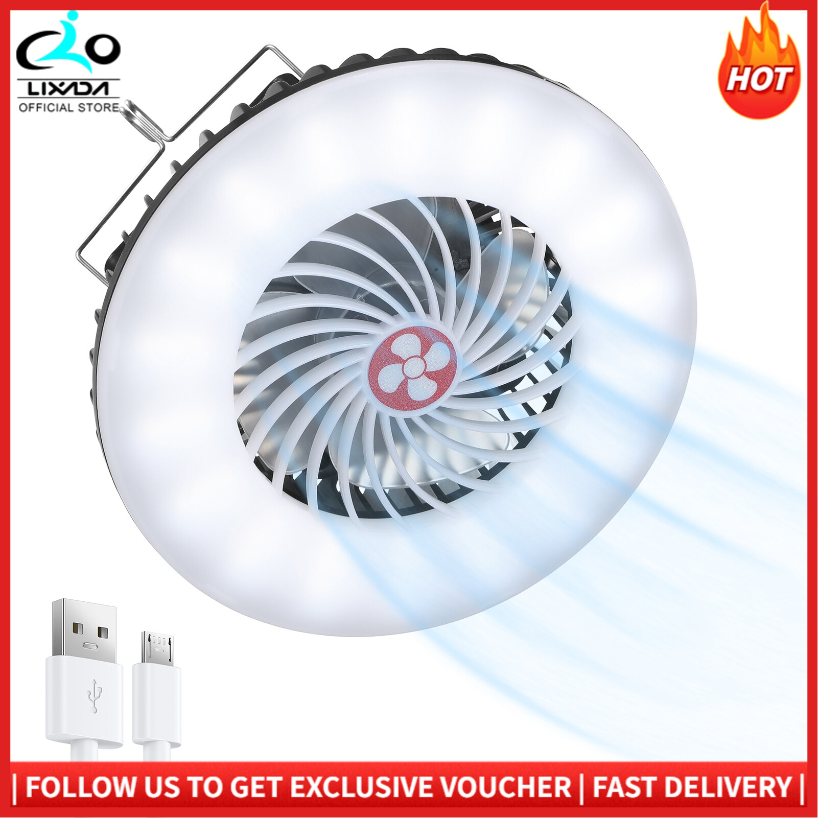 LIXADA Portable Camping Lantern with Fan Solar USB Rechargeable LED Tent Light Lamp for Outdoor Hurricane Emergency