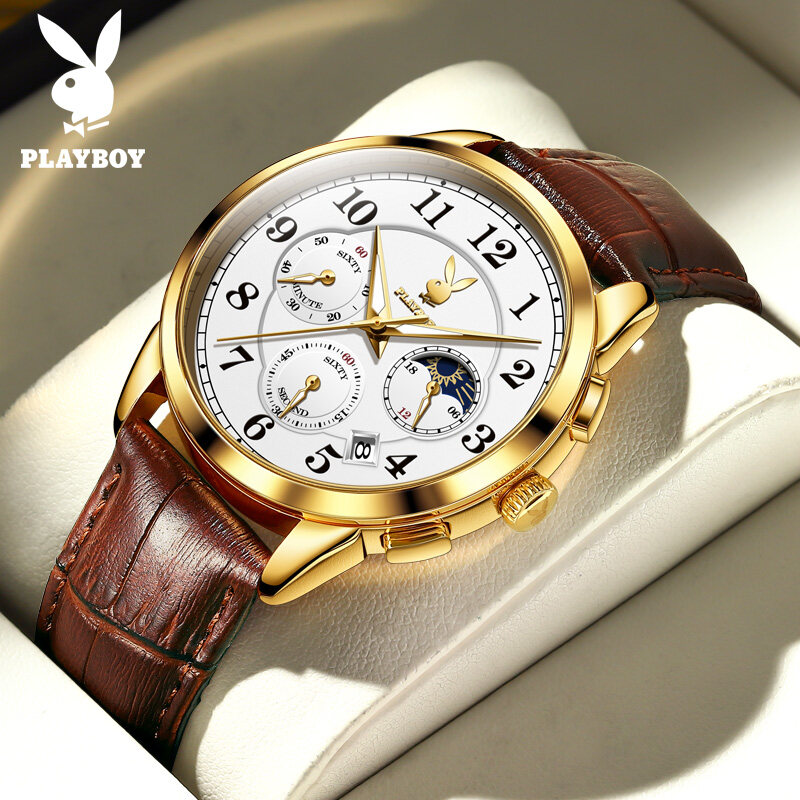 PLAYBOY Watch men Original Water proof Gift for men set with box Genuine original import Genuine Leather Japanese Movement Multifunction Watch