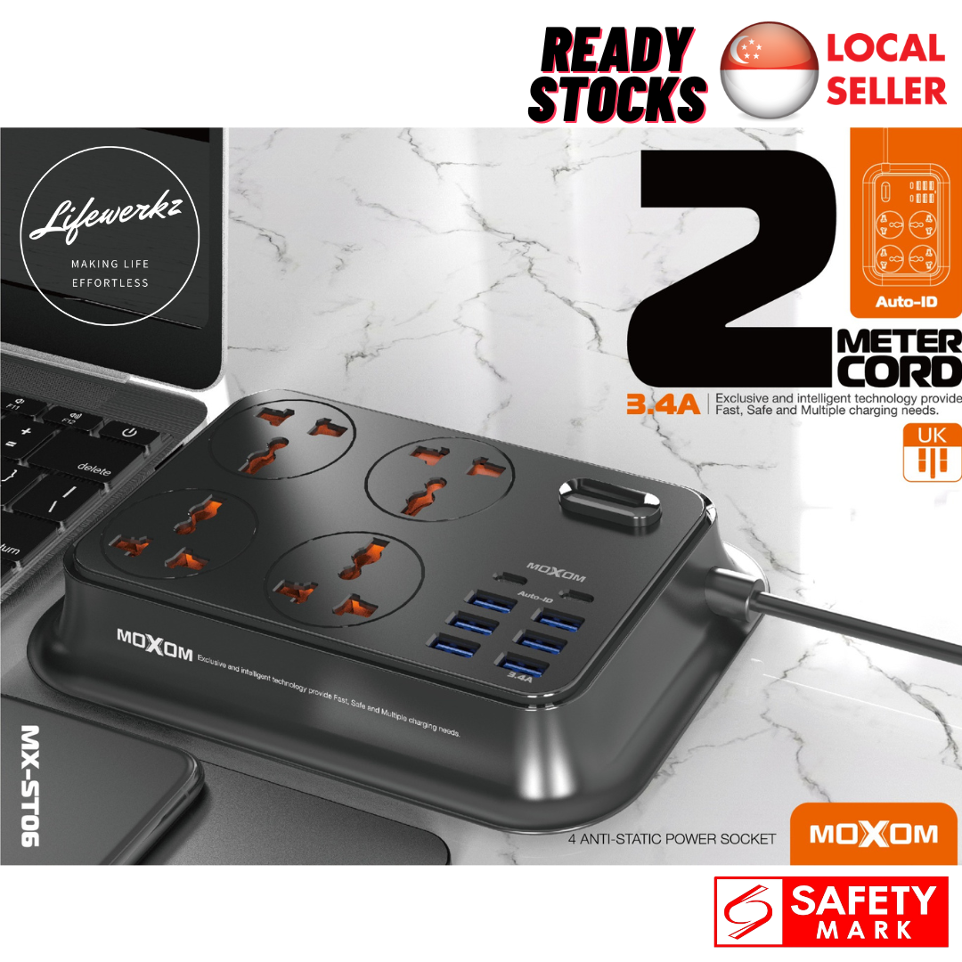 Black Moxom Smart Power 2 Metre Extension 12 in 1 Charging Station Charging Dock Fast Charging Dock Fast Charging Station with 2 Meter Cable Power Point Extension with 3 Pin UK Plug 2 Type-C Ports 4 U